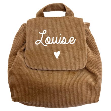 SAC À DOS VELOURS CÔTELÉ MARRON CLAIR PERSONNALISABLE PETIT COEUR